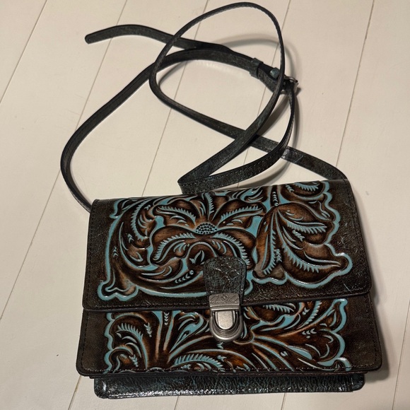 Patricia Nash Brown and Blue Embossed Crossbody Bag - Picture 1 of 8